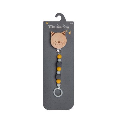 Attache-tétine bois et silicone chat Les Moustaches